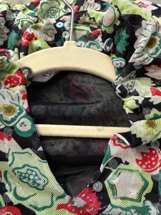 Cinq a Sept Floral Sequin Ruched Funnel Neck Mesh Top Size Medium - Picture 6 of 15